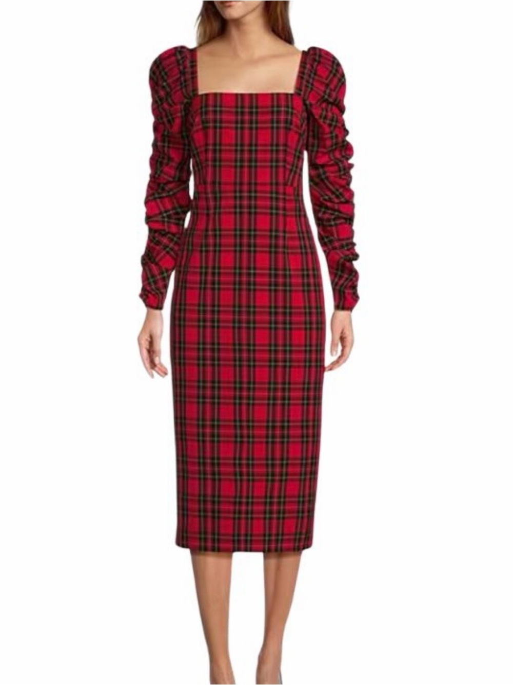 NWT ANTONIO MELANI Red Plaid Square-Neck Midi Dress with Puff Sleeves